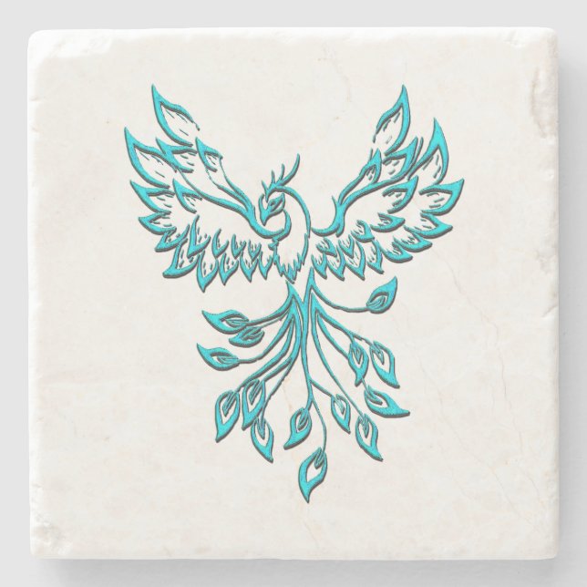 Blue Phoenix Rises on White Stone Coaster (Front)