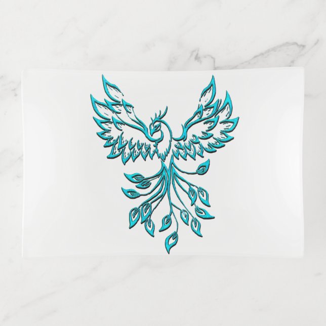 Blue Phoenix Rises on White Trinket Tray (Front)