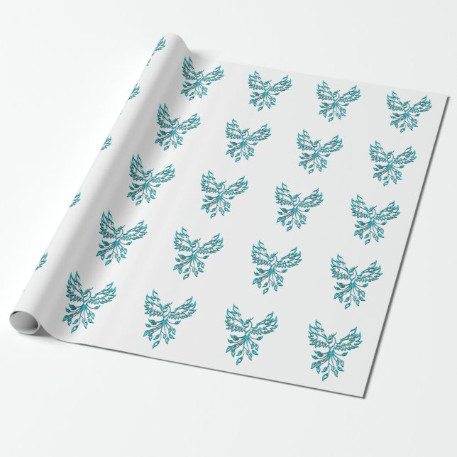 Blue Phoenix Rises on White Wrapping Paper (Unrolled)