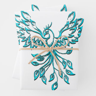 Blue Phoenix Rises on White Wrapping Paper Sheets