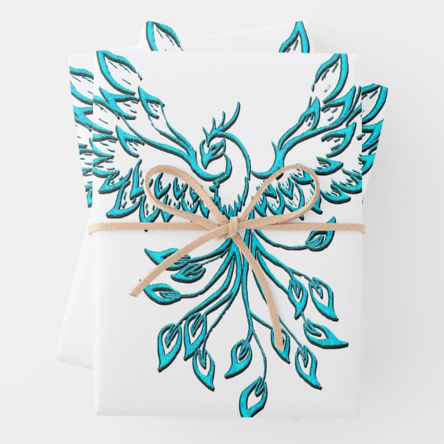 Blue Phoenix Rises on White Wrapping Paper Sheets (In situ)