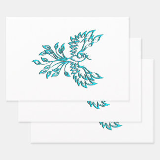 Blue Phoenix Rises on White Wrapping Paper Sheets