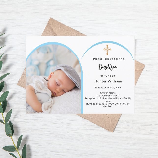 Blue photo arch boy cross Baptism Invitation (Creator Uploaded)