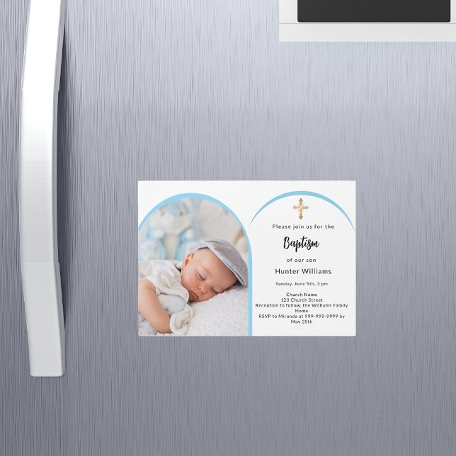Blue photo arch boy cross Baptism Magnetic Invitation (Creator Uploaded)