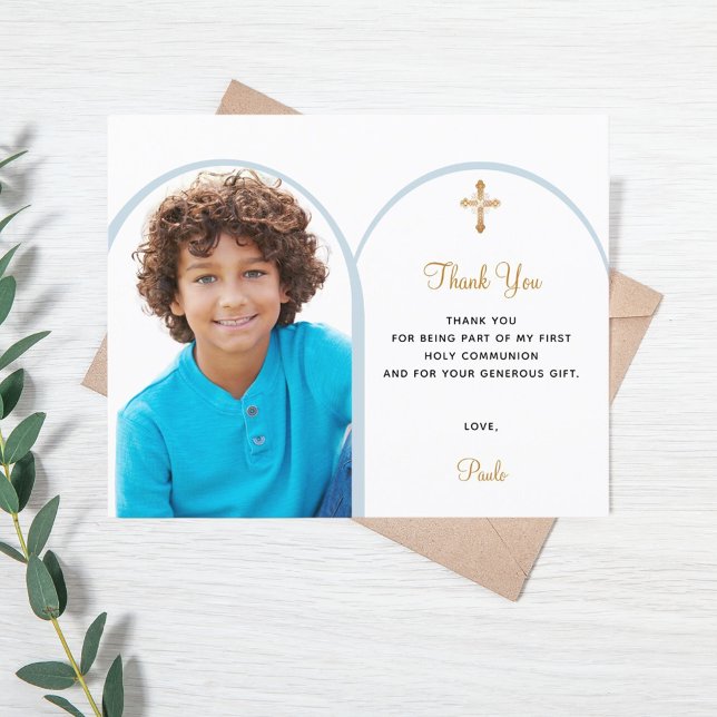 Blue photo arch boy First Communion Thank You card (Creator Uploaded)