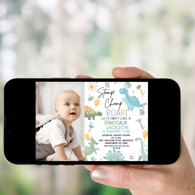 Blue Photo Balloons Dinosaur Themed 1st Birthday Invitation (Front Digital)