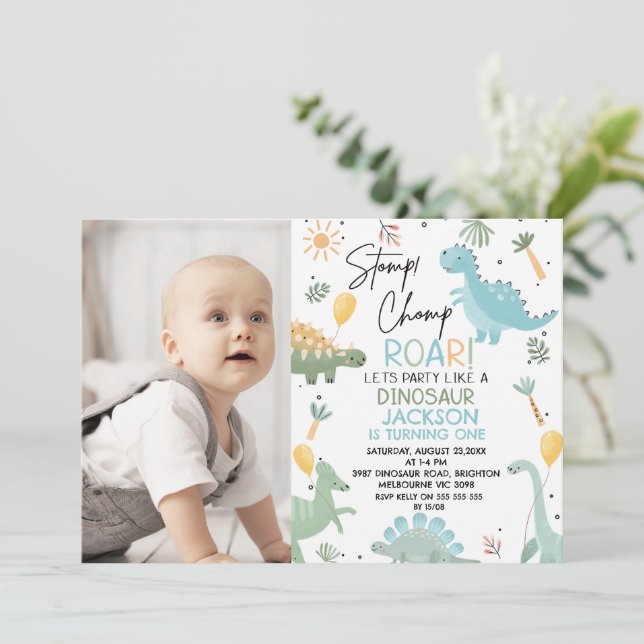 Blue Photo Balloons Dinosaur Themed 1st Birthday Invitation (Standing Front)