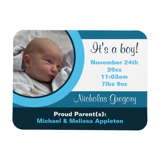 Blue Photo Birth Announcement Flex Flat Magnet (Horizontal)