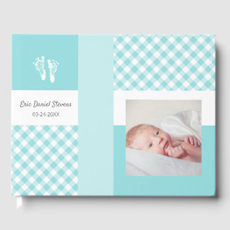 Blue Photo Birth Announcement Gingham Footprints Guest Book
