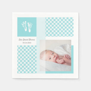 Blue Photo Birth Announcement Gingham Footprints Napkins