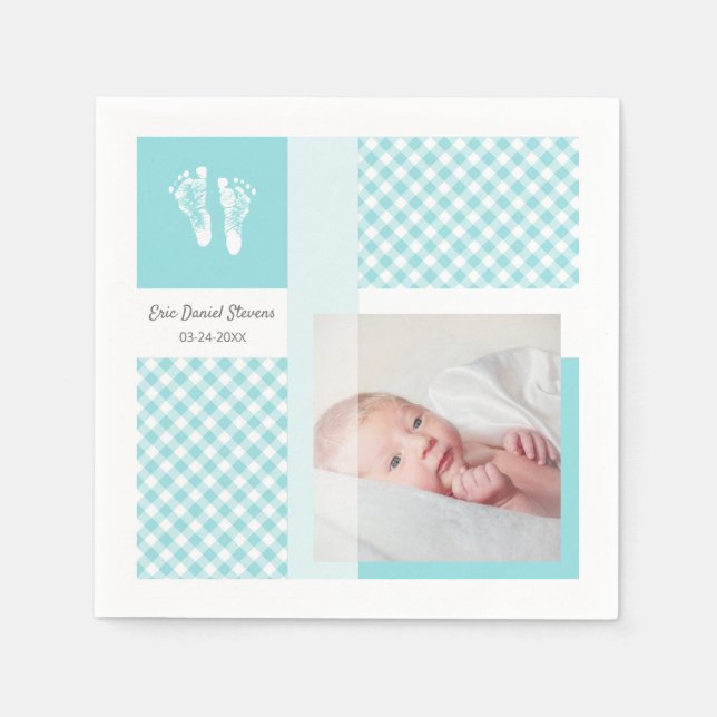 Blue Photo Birth Announcement Gingham Footprints Napkins (Front)