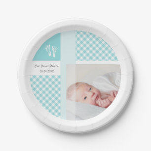 Blue Photo Birth Announcement Gingham Footprints Paper Plates