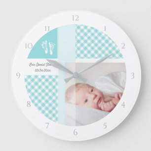 Blue Photo Birth Memento Gingham Footprints Large Clock