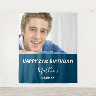 Blue photo birthday party welcome tapestry