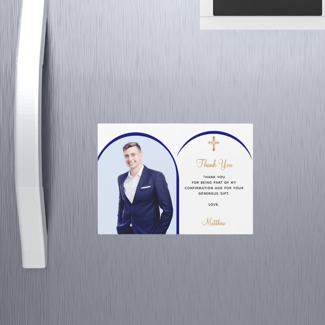 Blue photo boy cross Confirmation Thank You card (Creator Uploaded)