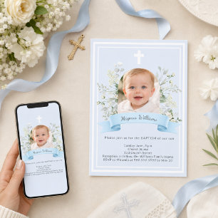 Blue photo boy white florals arch Baptism Invitation