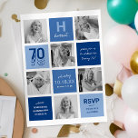 Blue Photo Collage 70th Birthday Invitation<br><div class="desc">Contemporary 70th birthday party invitations featuring a modern photo collage,  trendy blue squares,  and a stylish text template for you to personalize with your own celebration information.</div>