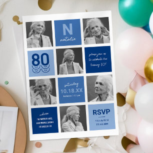 Blue Photo Collage 80th Birthday Invitation