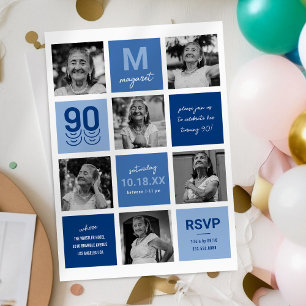 Blue Photo Collage 90th Birthday Invitation