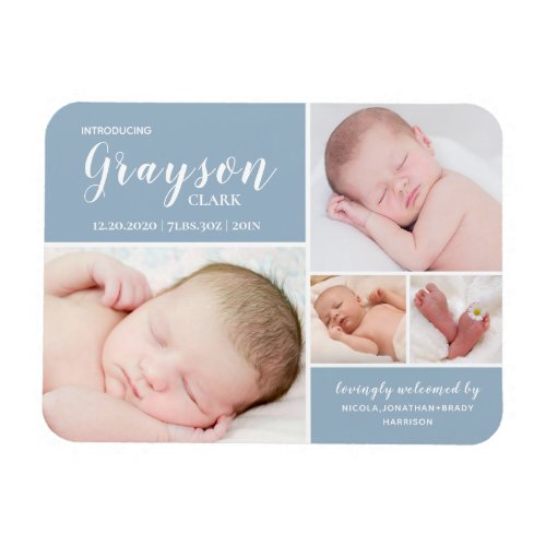 Blue Photo Collage Baby Boy Birth Announcement Magnet