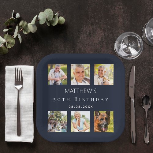Blue photo collage birthday party paper plates