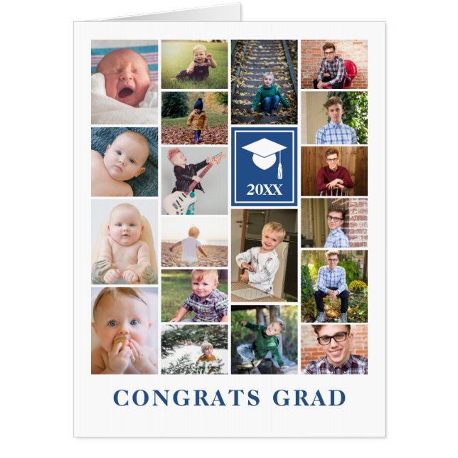 Blue Photo Collage Congrats Grad Big Card (Front)