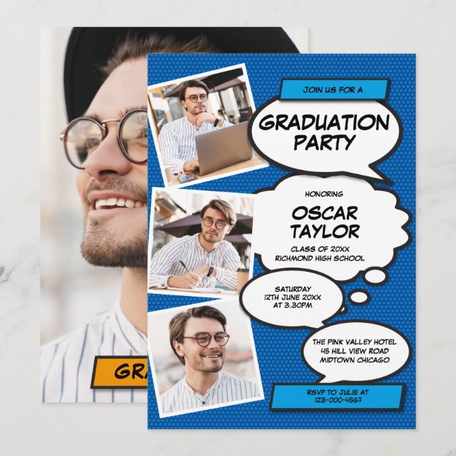 Blue Photo Collage Modern Fun Graduation Party Invitation (Front/Back)