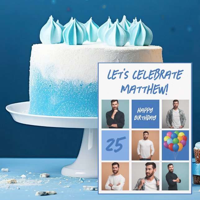 Blue Photo Collage Personalized Birthday Party Invitation (Creator Uploaded)