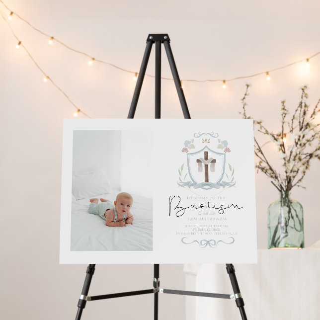 Blue photo cross first baptism welcome sign    (In Situ (Stand))