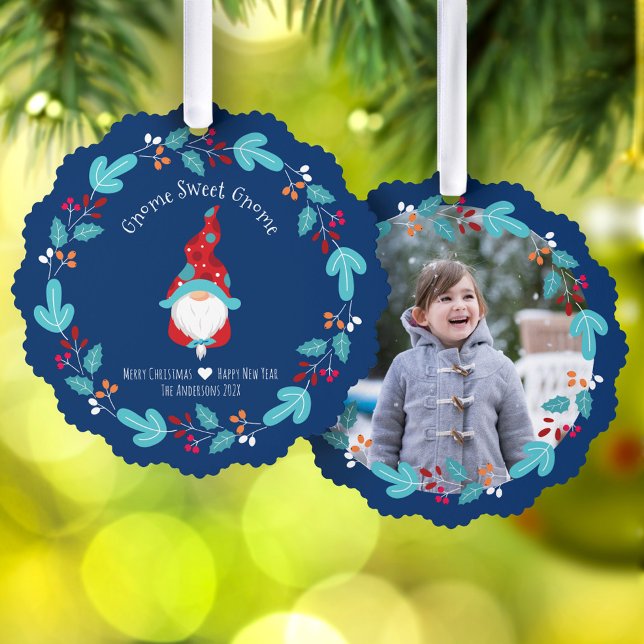 Blue Photo Gnome Sweet Gnome Elf Floral Wreath Ornament Card (Creator Uploaded)