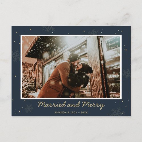 Blue Photo Married and Merry Newlyweds Christmas Holiday Postcard