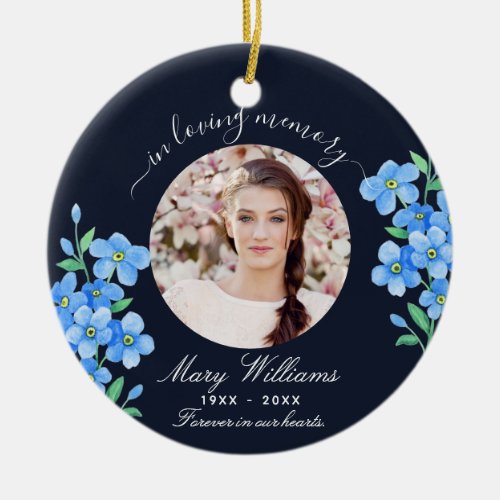 Blue photo memorial forget me not flowers ceramic ornament