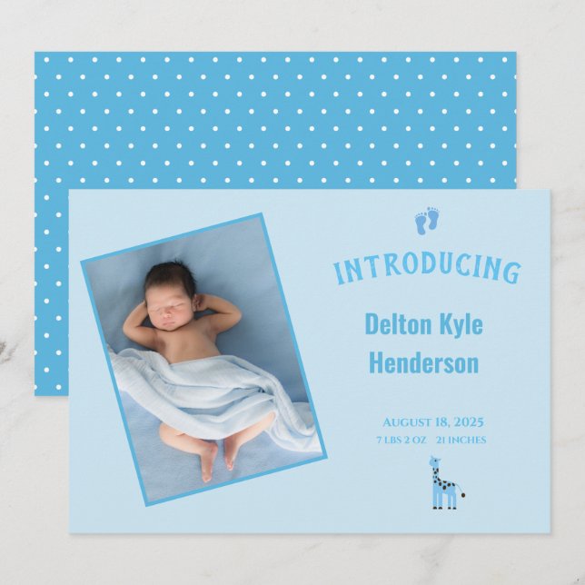 Blue Photo Newborn Baby Boy Announcement (Front/Back)