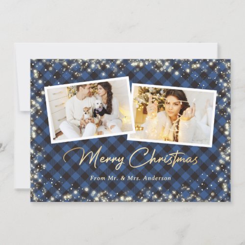 Blue Photo Plaid Gold Newlyweds Merry Christmas Holiday Card