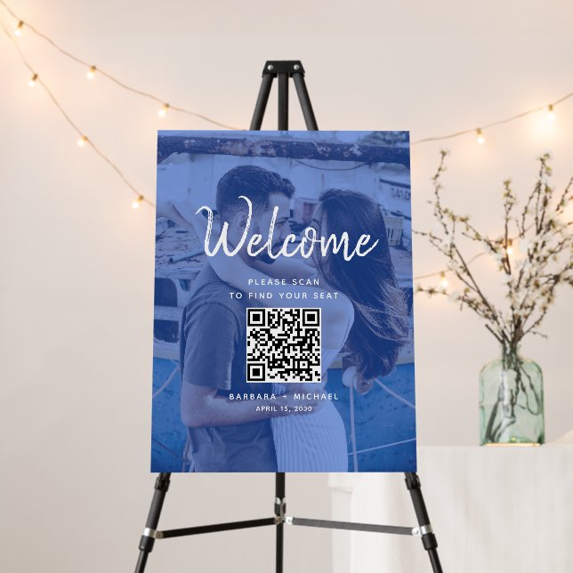 Blue Photo QR Code Wedding Welcome Foam Board (In Situ (Stand))