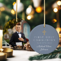 Blue Photo Religious Cross Boy First Communion