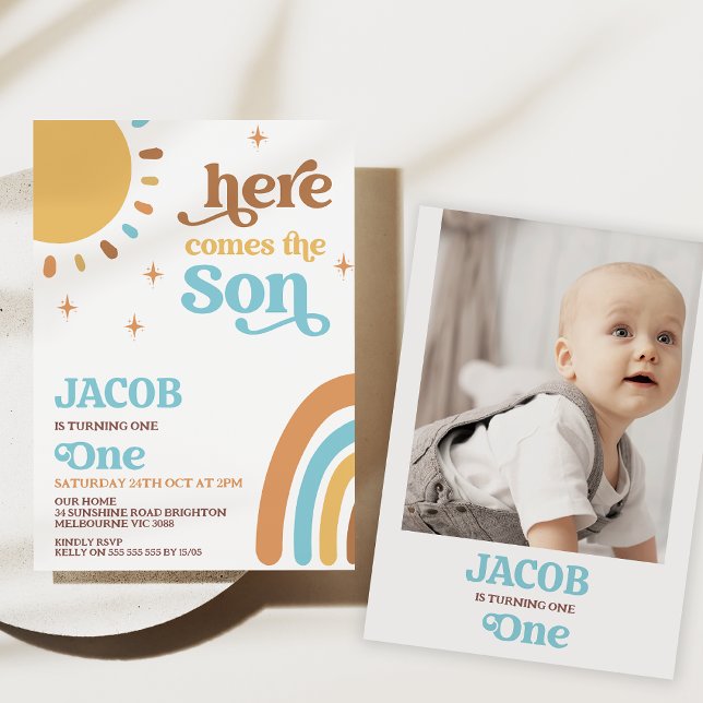 Blue Photo Retro Here Comes The Sun 1st Birthday Invitation (Here comes the sun 1st birthday invitation boy, Sun birthday party invite, Retro sunshine birthday)