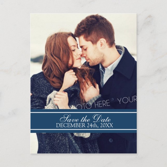 Blue Photo Save the Date Winter Wedding Postcards (Front)