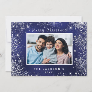 Blue photo silver sparkle Christmas card