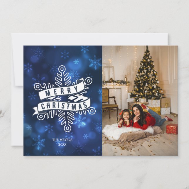 Blue Photo Snowflake Merry Christmas Lettering  Holiday Card (Front)