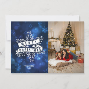 Blue Photo Snowflake Merry Christmas Lettering  Holiday Card