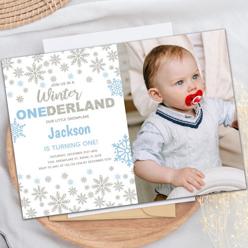 Blue Photo SnowFlake Winter Birthday Onederland Invitation