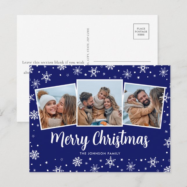 Blue Photo Snowflakes Christmas Holiday Postcard (Front/Back)