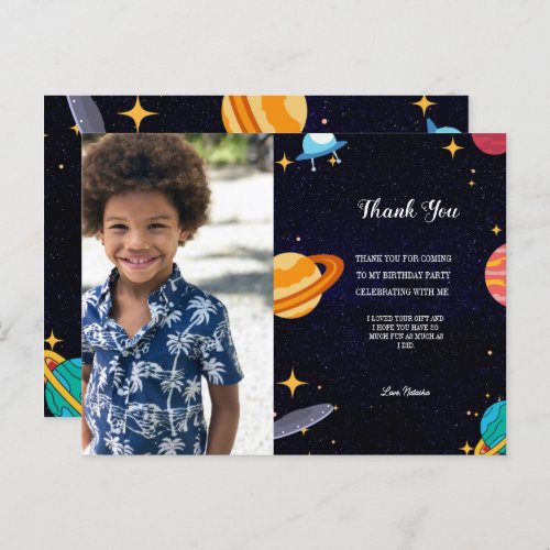 Blue photo space birthday party thank you postcard