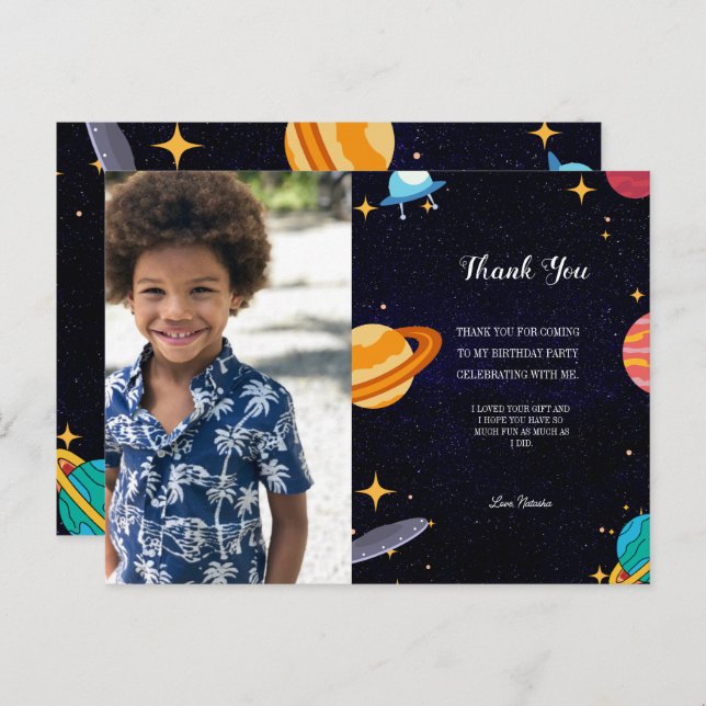 Blue photo space birthday party, thank you postcard (Front/Back)