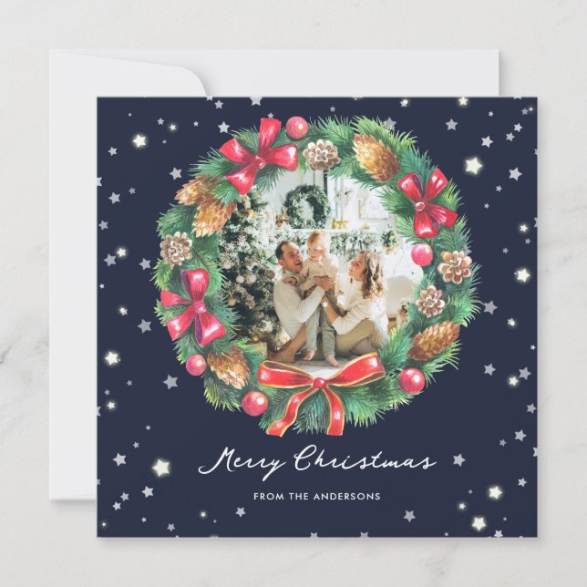 Blue Photo Stars Snowflakes Wreath Merry Christmas Holiday Card (Front)
