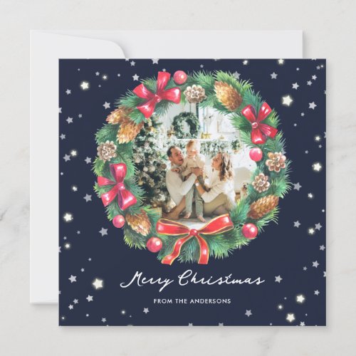 Blue Photo Stars Snowflakes Wreath Merry Christmas Holiday Card