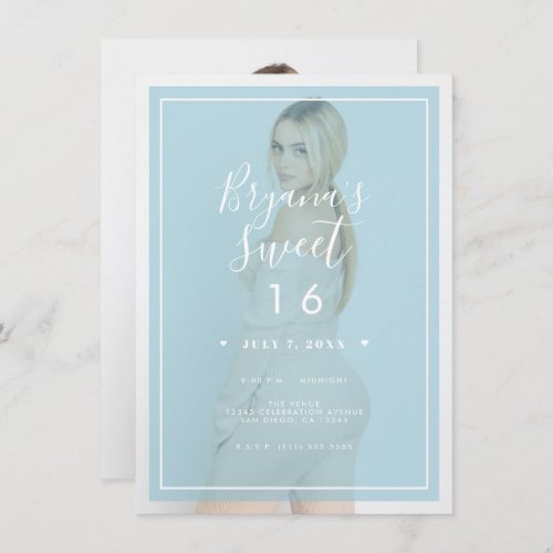 Blue Photo Tint Overlay 2 Modern Minimal Sweet 16 Invitation