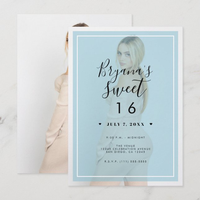 Blue Photo Tint Overlay 2 Modern Minimal Sweet 16 Invitation (Front/Back)