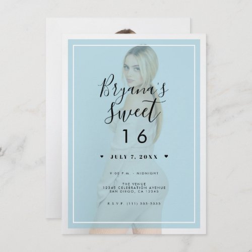 Blue Photo Tint Overlay 2 Modern Minimal Sweet 16 Invitation